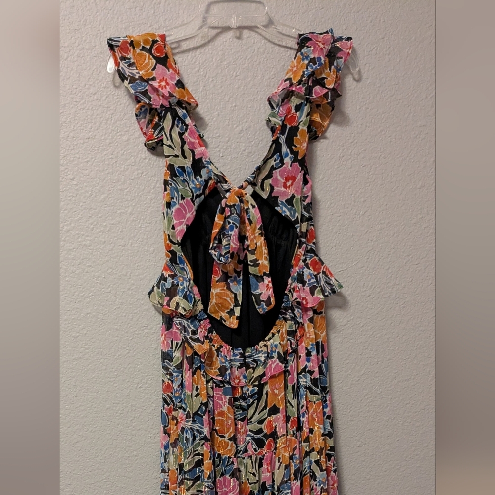 💥SALE💥New Aqua Bloomingdales Floral Chiffon Tiered Maxi Dress V Neck Ruffles M - Picture 5 of 13